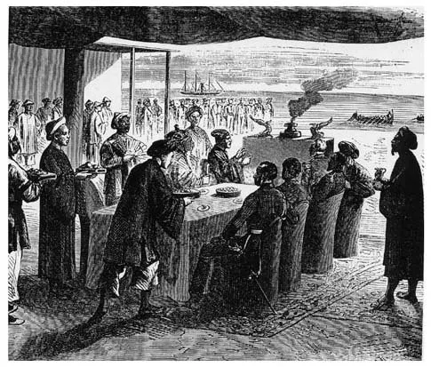 Các quan triều đình nhà Nguyễn tiếp đón thuyền trưởng Simon tại Đà Nẵng, bối cảnh mở đầu Truyện ma Thời Đèn – tập 28.