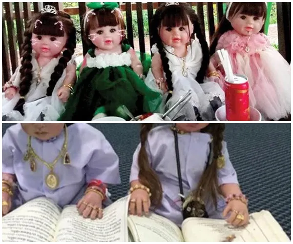 Cúng phẩm âm binh Kumanthong, bao gồm bánh kẹo và nước ngọt màu đỏ, chi tiết về nghi thức chăm sóc.