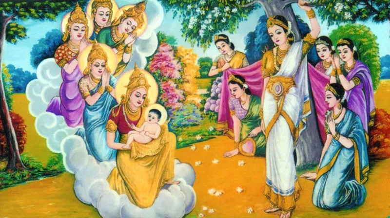 Bức họa mô tả bối cảnh lịch sử Sự tích Đức Phật Đản Sinh tại vườn Lâm Tỳ Ni.