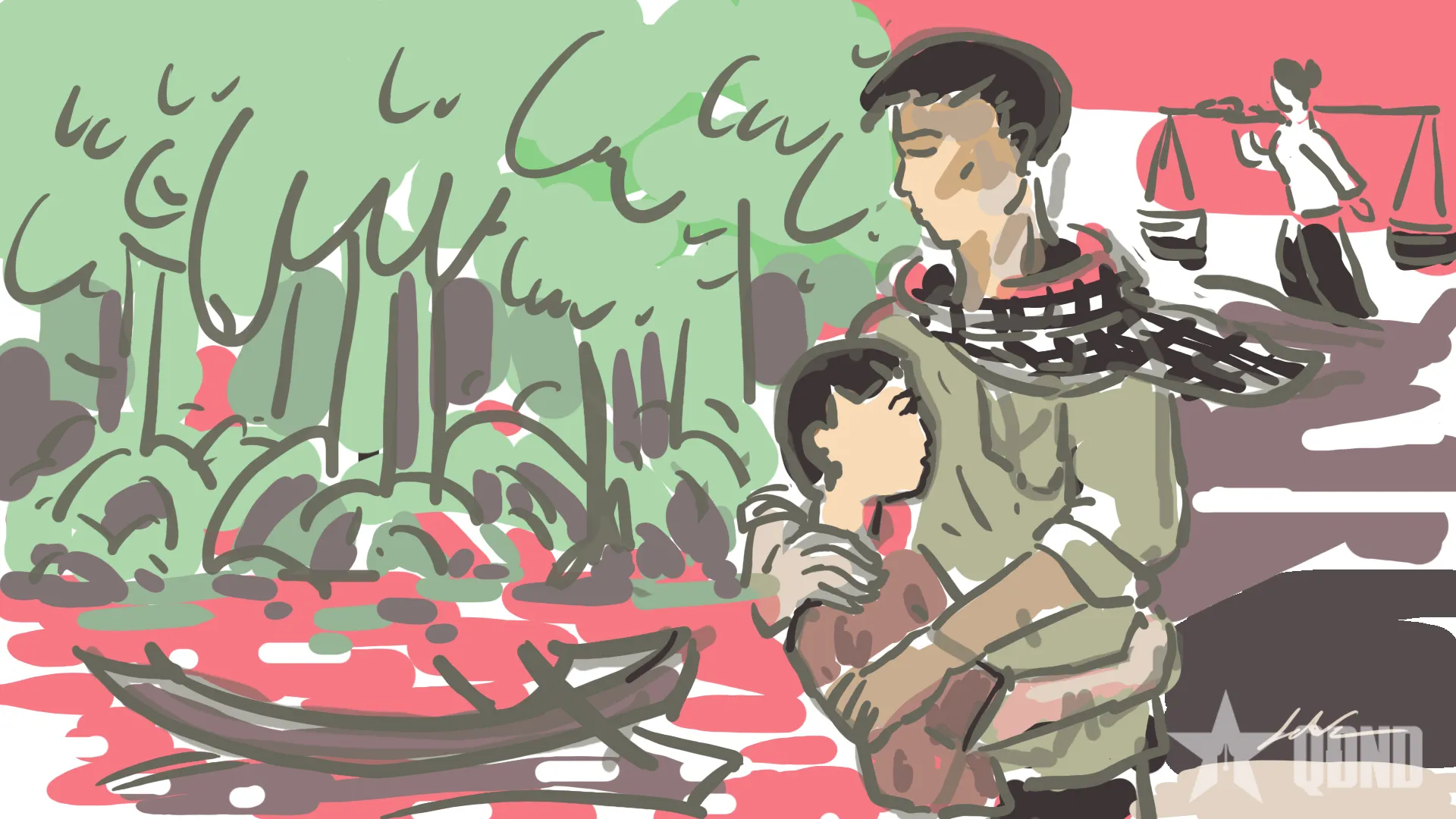 Một bức tranh minh họa cảnh chiến đấu hoặc hoạt động giao liên trong rừng tràm, gợi nhắc về bối cảnh căng thẳng của Truyện ma Mảnh Một Mắt – tập 21